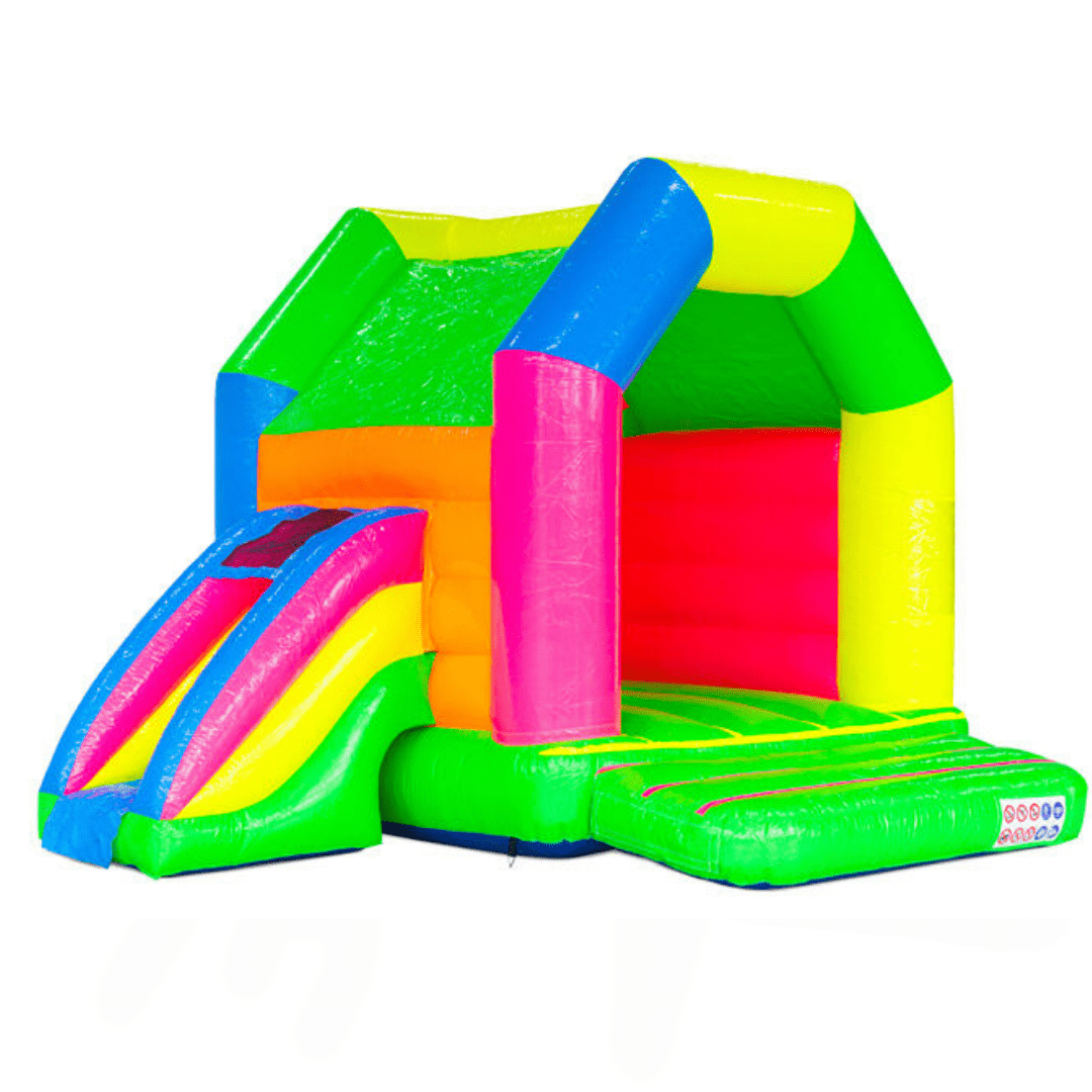 Neon szivárványos közepes ugrálóvár csúszdával